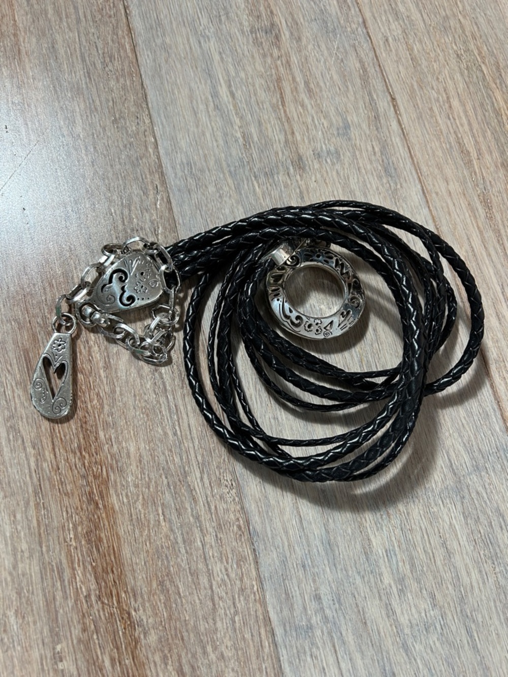 Black Braided Leather Wrap Necklace with Silver Floral Ring Accent